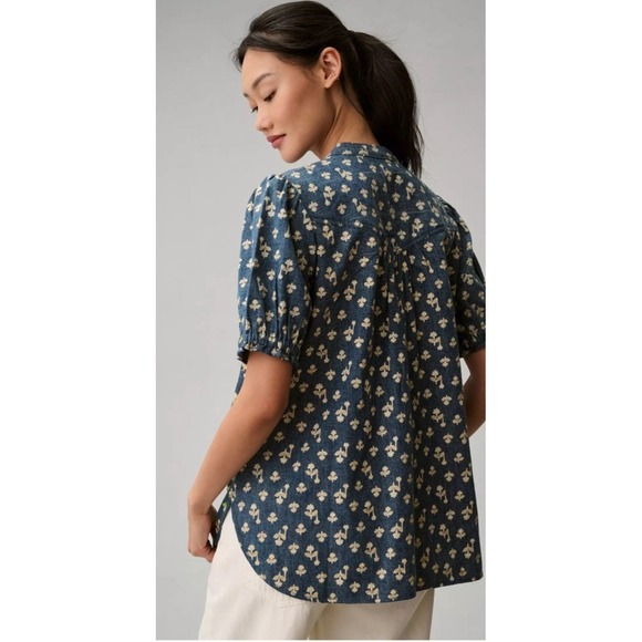 Anthropologie Pilcro Womens Aly Puff Sleeve Blouse Blue Denim Cotton Boho Top XL - Picture 3 of 16
